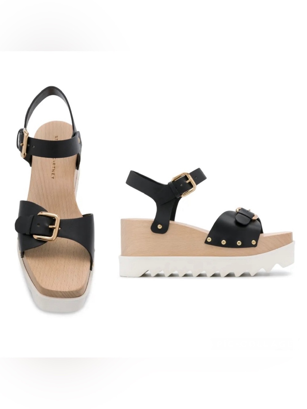 Stella McCartney Elyse Black Platform Wooden Wedge Sandals Size 37.5